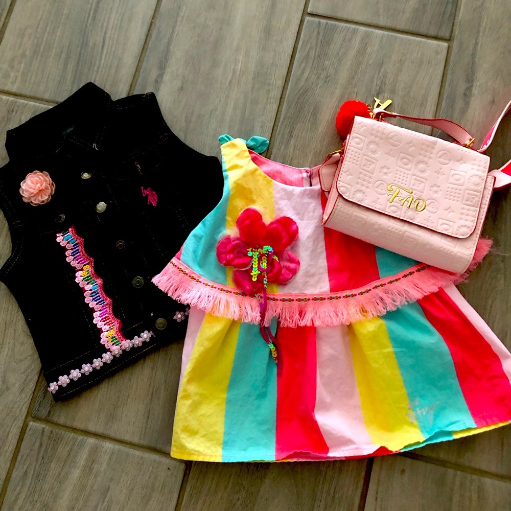 Colorful Striped Dress and Denim Vest Set